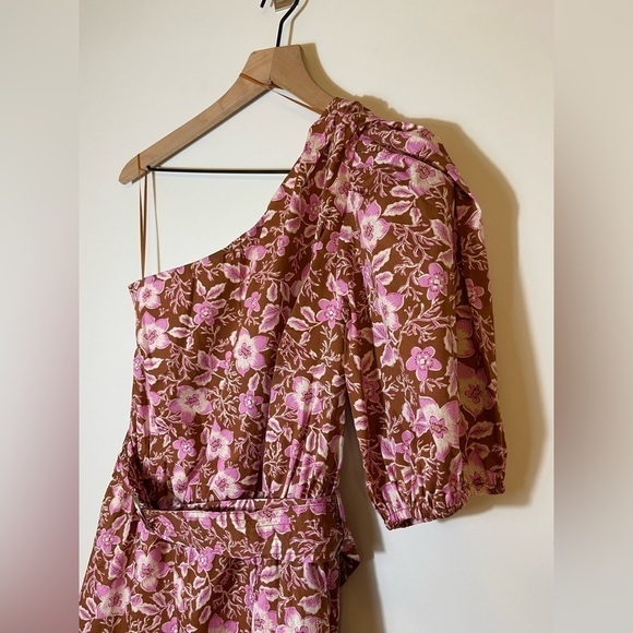 NEW Jason Wu One Shoulder Puff Sleeve Floral Belted Mini Dress Pink Tan Small - Picture 5 of 10